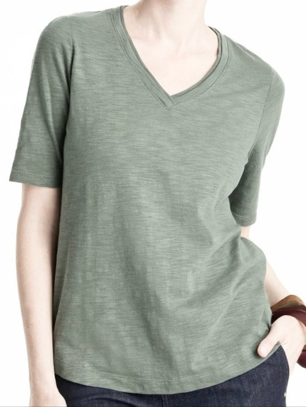 CHICO’S Green Ultimate Tee V Neck Slub Cotton Blend Size Medium